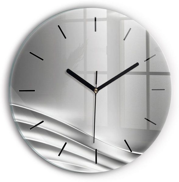 Tulup Wanduhr Runde Glasuhr Silberne Abstraktion Moderne Uhr aus Gehärtetem Glas