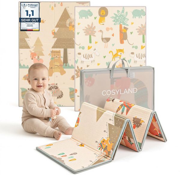 COSYLAND Krabbelmatte Baby Faltbar 150 x 180 x 1 cm - Doppelseitige XPE Spielmatte Baby mit Schlafenden Tieren & Fuchs Bär Motiven, Weiche Babymatte Spielteppich für Kinder, Babygeschenk