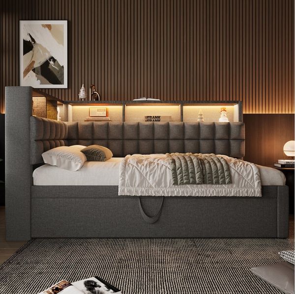 STILVORA Polsterbett 90/180x200 Schlafsofa mit Matratze Tagesbett ausziehbar L-Kopfteil (Funktionsbett, 1-tlg, L-Kopfteil mit Stauraumregal, Schlafsofa/Gästebett), mit LED-Beleuchtung & USB/Type-C Ladestation