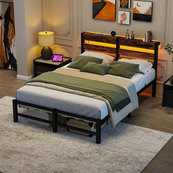 Metallbett 120×200 cm mit LED und USB, Stauraum unter dem Bett, Schwarzbraun, ohne Matratze
