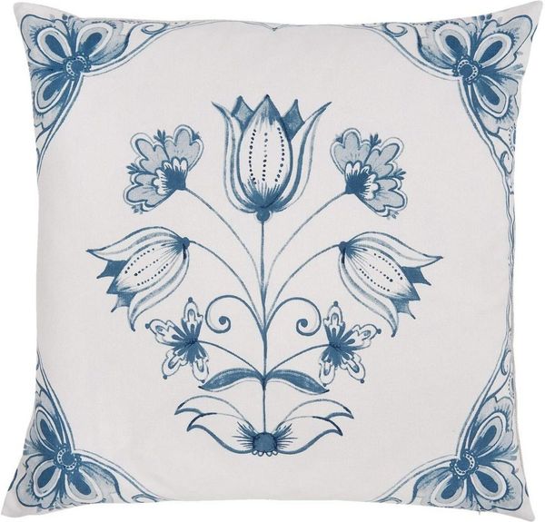 Clayre & Eef Tagesdecke, Landhaus Kissenbezug 50x50 cm, 100 % Baumwolle, nordischer Landhausstil, Modell FLOWERHONEY, Kissenhülle leicht & angenehm, Vintage in weiß blau gemustert, toll für Bänke und Stühle