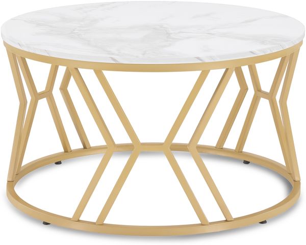 BarberPub Couchtisch Rund Holz, Moderner Sofatisch, Kleiner Beistelltisch Metall, Kaffeetisch für Wohnzimmer, Schönheitssalon, Wohnzimmertisch Marmor-Weiß Gold, 80x80x46cm, 2115