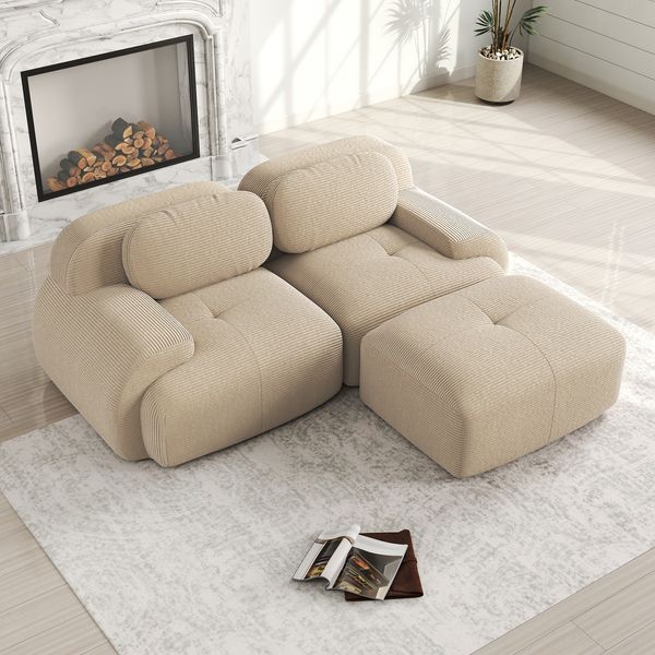 Ecksofa aus Cordstoff, modular & rahmenlos, 208 x 178 x 75 cm, beige, montagefrei