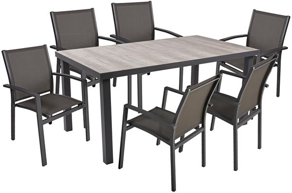 Garten-Sitzgruppe FARID 7-tlg. - Kunststoff, Mittelgrau | Gartenmöbel-Set Gartengarnitur Garten-Essgruppe mit Stühlen und Esstisch
