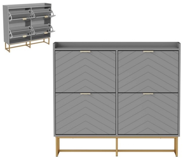 UEV Schuhschrank mit 4 Klappen, Schuhregal Schmal, Schuhkipper mit Metallfüße, Grau (Modern Schuhaufbewahrung mit Oberplatte Platzsparend, Schuhkommode mit Anti-Kipp System, 100 x 24,2 x 91cm) verstellbare und herausnehmbare Trennwände für verschiedene... Bild 4