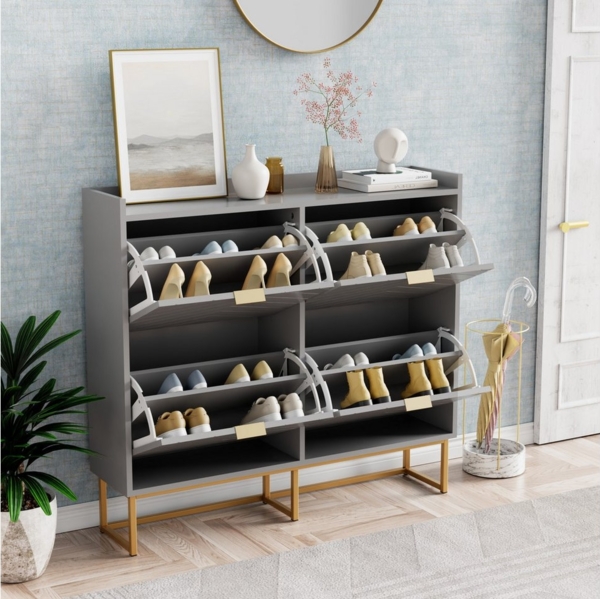 UEV Schuhschrank mit 4 Klappen, Schuhregal Schmal, Schuhkipper mit Metallfüße, Grau (Modern Schuhaufbewahrung mit Oberplatte Platzsparend, Schuhkommode mit Anti-Kipp System, 100 x 24,2 x 91cm) verstellbare und herausnehmbare Trennwände für verschiedene... Bild 3