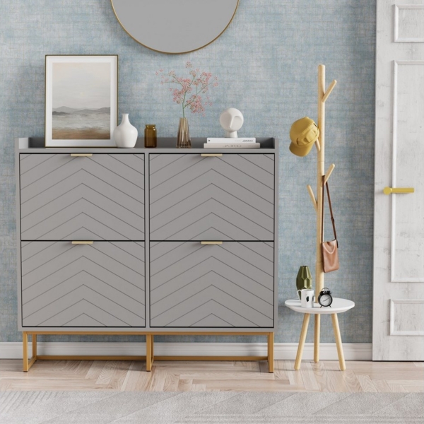 UEV Schuhschrank mit 4 Klappen, Schuhregal Schmal, Schuhkipper mit Metallfüße, Grau (Modern Schuhaufbewahrung mit Oberplatte Platzsparend, Schuhkommode mit Anti-Kipp System, 100 x 24,2 x 91cm) verstellbare und herausnehmbare Trennwände für verschiedene... Bild 2