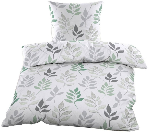 Casa Colori Bettwäsche Biber 135x200 cm 100% Baumwolle mit Reißverschluss, Biber, 2 teilig, Weiß mit Blätter und Grau & Grün