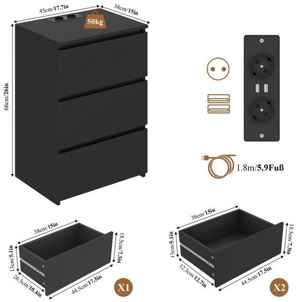 Homfa Nachttisch Nachtschrank Nachtkommode Nachtkonsole (1-St), 3 Schubladen, 45x38x66 cm, Schwarz
