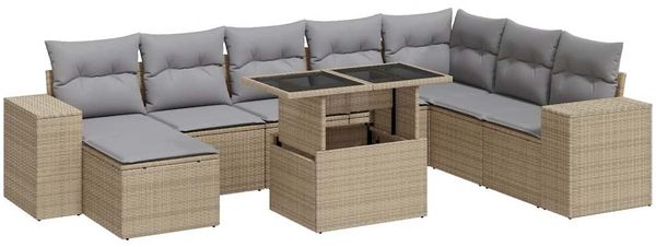 vidaXL 9-tlg. Garten-Sofagarnitur mit Kissen Beige Poly Rattan 3326850 Bild 2