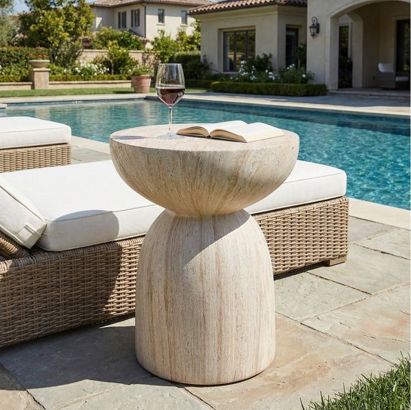 Flieks Gartentisch runder Beistelltisch aus MgO für den Außenbereich, Outdoor, Balkon (B45xH52,5 cm, 1-St, 1 Tsich), Esstisch Terrassentisch Couchtisch Balkontisch Travertinoptik