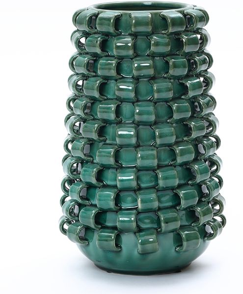 Hometopia Nette Vase aus Keramik in Flechtoptik, Dunkelgrün, Dekovase Höhe 31 cm