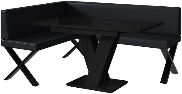 MEBLINI Eckbank für Esszimmer mit ausziehbarem Tisch - Küchenbank - Essecke - Sitzecke Küche - ERIC - X-Beine 128x168x87cm Links - Schwarz Kunstleder/M Schwarz Hochgl.