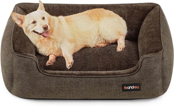 Feandrea Hundebett, Hundekissen in Leinenoptik, Hundekorb, erhöhte Ränder, rutschfeste Unterseite, Bezug abnehmbar waschbar, L, für mittelgroße Hunde, 90 x 75 x 25 cm, braun