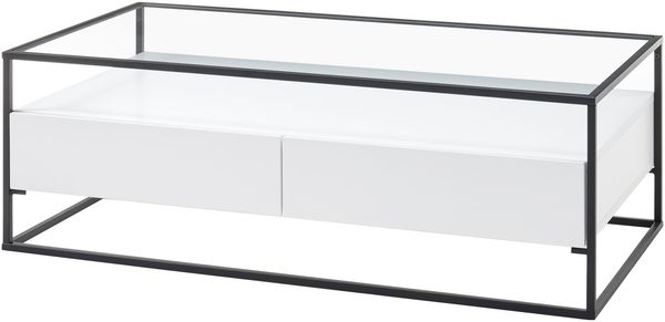 Couchtisch >EVORA< 2 Schübe, Ablage, weiss / Glas - 120x40x60 (BxHxT)