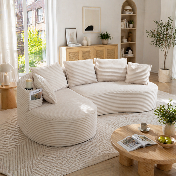 Bogesofa Cord, Becherhalter, Stautasche, Schaumstoff, inkl. Kissen, Beige