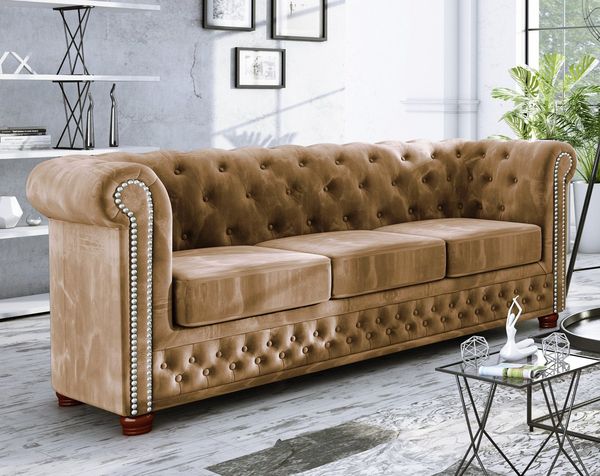 S-Style Möbel Chesterfield-Sofa Leeds 3-Sitzer aus Samt-Stoff mit Holzfüßen, mit Wellenfederung