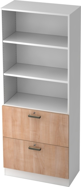 bümö office Aktenschrank mit Hängeregister-Schubladen abschließbar, Büroschrank Holz, 80cm breit in Weiß/Nussbaum - Hängeregistratur für Hängeordner, Büro Schrank mit Relinggriffen, 7300-W-N-SG