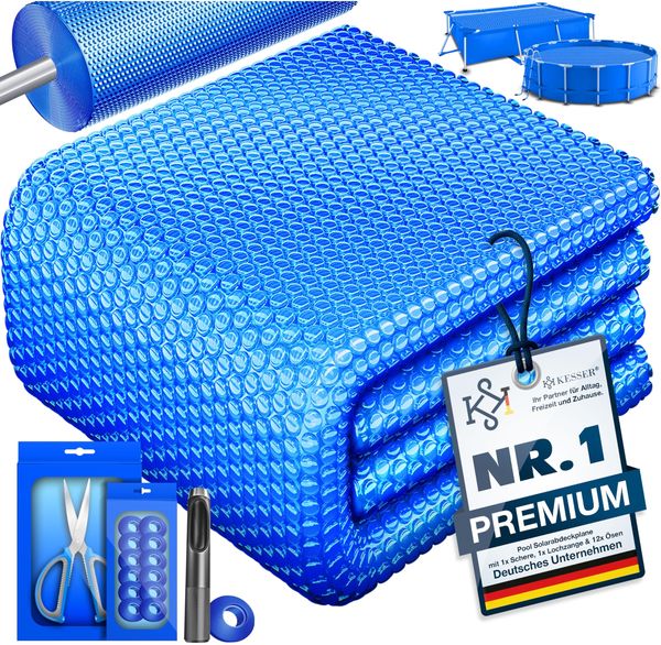KESSER® Pool Solarabdeckplane | Solarfolie Stärke 120µm | Solarabdeckung Solarplane zuschneidbar | Poolsolarplane Solar Folie inkl. 1x Schere, 1x Lochzange & 12x Ösen | Poolheizung für Wassererwärmung Blau, 600 x 400cm