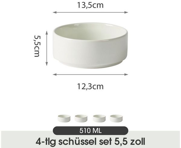 JIWOO Salatschüssel 4er Ø13,5cm, Müslischüssel Suppenschüssel Dessertschale Obstschale, Keramik, (Schüsselset, 4-tlg), Bowl Hochwertiges Schüsseln Weiß Schüssel Mikrowellenofen Spülmaschine