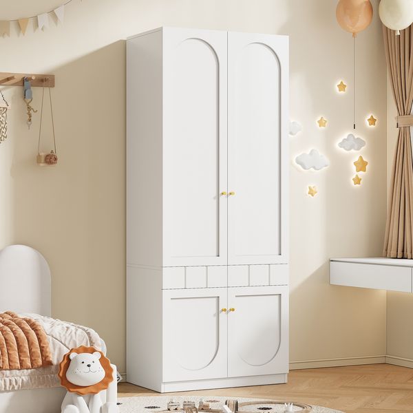 Merax 2-türiger Kleiderschrank, Lack-Kleiderschrank, Kleiderschrank mit Kleiderstange und Schubladen, Schlafzimmermöbel, Metallgriffe, Weiß