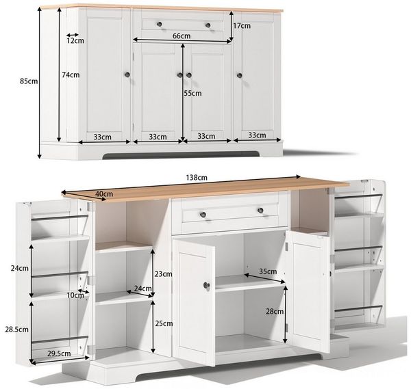 Celya Küchenbuffet Multifunktionales Küchenbuffet, 138 cm Sideboard mit Schublade (Modernes Design mit Kippschutz, ideal für Küche, Wohnzimmer & Schlafzimmer) Regaltüren & verstellbaren Einlegeböden