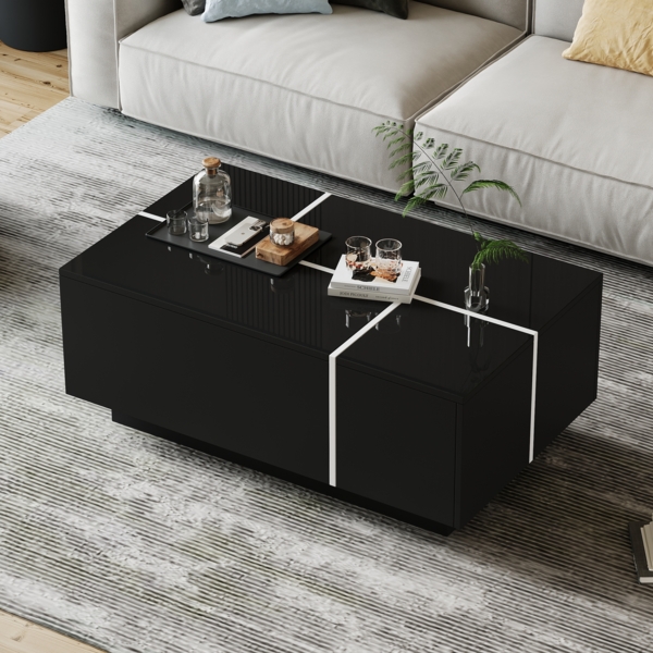 Couchtisch 100x60x40 cm mit 4 Schubladen, moderner Sofatisch in Schwarz-Weiß Spleißoptik