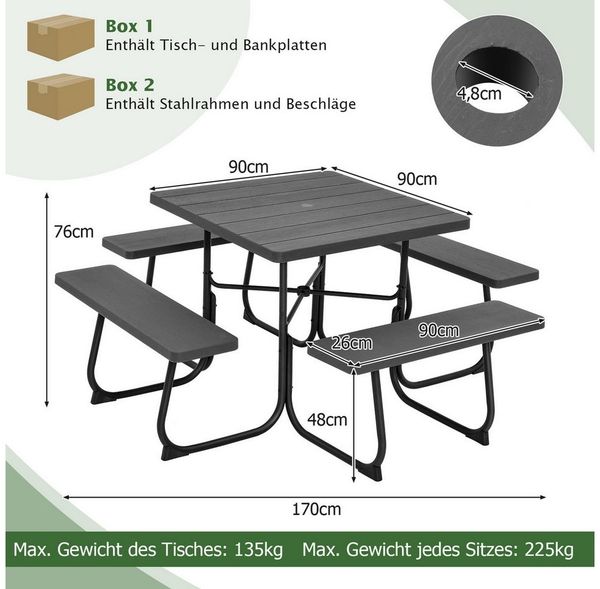 COSTWAY Bierzeltgarnitur, Sitzgarnitur mit 4 Bänken & Tisch, mit Schirmloch Bild 4