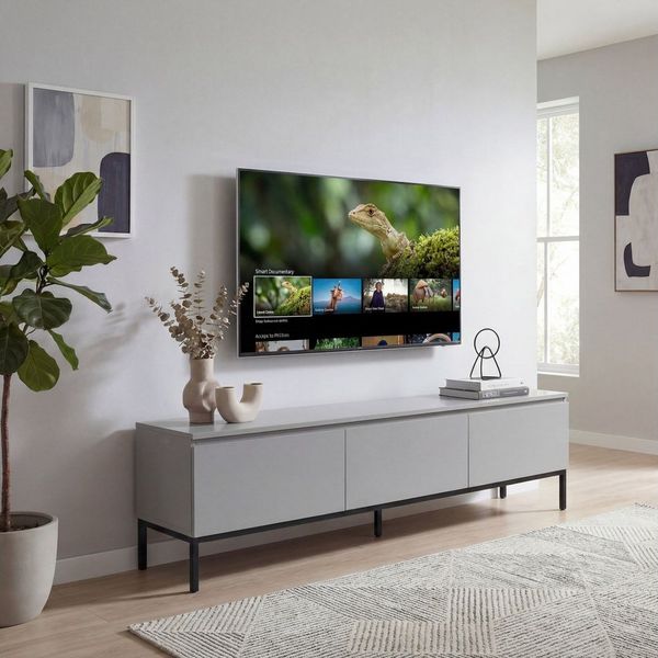 FINEBUY Lowboard FB117865 150cm TV Kommode Grau TV Schrank Fernsehtisch Fernsehschrank (Modernes TV-Board mit grifflosen Fronten), Drei geräumige Schubladen für reichlich Stauraum