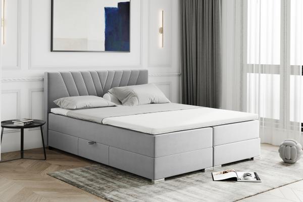 MEBLINI Boxspringbett BERNI 140x200 cm mit Bettkasten - H3B/Hellgrau Samt Polsterbett - Doppelbett mit Topper & Bonellfederkern-Matratze