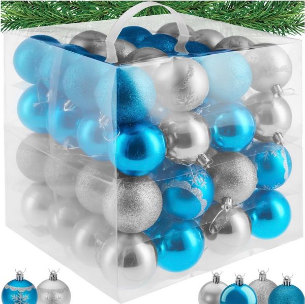 tectake Weihnachtsbaumkugel Weihnachtsbaumschmuck bruchsicher (1 St), 64er-Set in SIlber und Blau