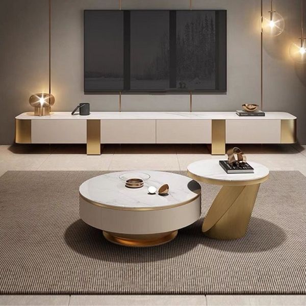 alesvelt Couchtisch edler Beistelltisch weiße Marmor Design 2er Set 90cm Wohnzimmertisch (2er Set), 90cm große Ablagefläche mit Schubladen