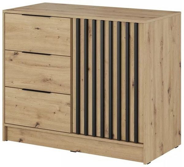 MOEBLO Kommode JOHN 2D (dekorative Lamellen Schrank Sideboard mit Türen und 3 Schubladen, Moderne Wohnzimmer Schlafzimmer Möbel Kommode für Wohnzimmer), (BxHxT): 105x86x45 cm