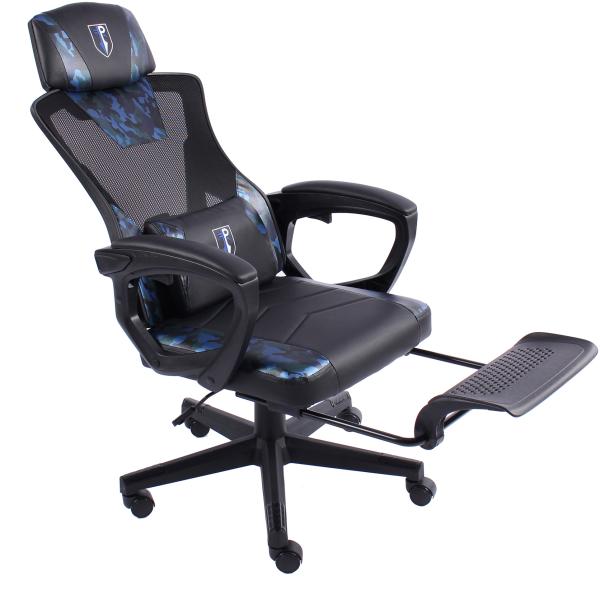 Gaming Stuhl im modernen Racing-Design mit einklappbarer Fußstütze - Gaming Chair mit flexiblen Armlehnen - ergonomischer Gaming Schreibtischstuhl mit extra Stützkissen Schwarz/Military -Blau