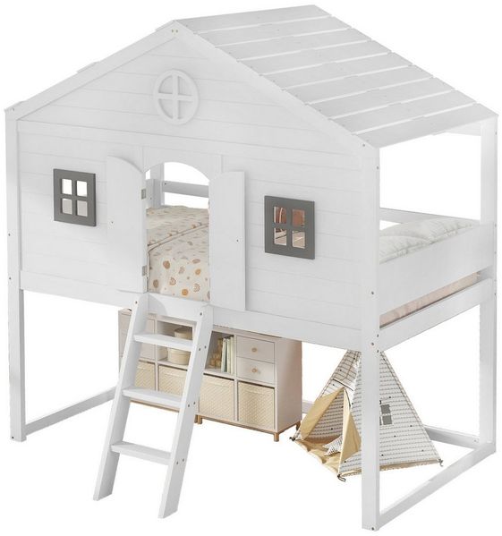 Thanaddo Hochbett Hausbett, mit Treppe, mit Fallschutz und Gitter,Kinderbett mit Fenster