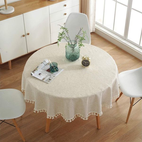 TUWENA Tischdecke Abwaschbar Leinen Baumwolle Tischtuch,Knitterfrei Tischtuch mit Quaste