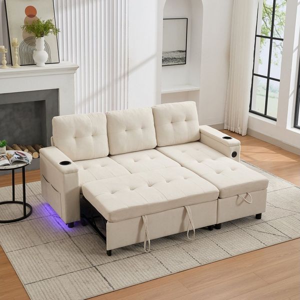 Merax Schlafsofa L-förmiges Ecksofa mit LED-Ambiente & USB/Typ-C, 208×146×89,5 cm 1 Teile, 3-in-1 Klappsofa mit verstecktem Stauraum,Getränkehalter,Seitentaschen