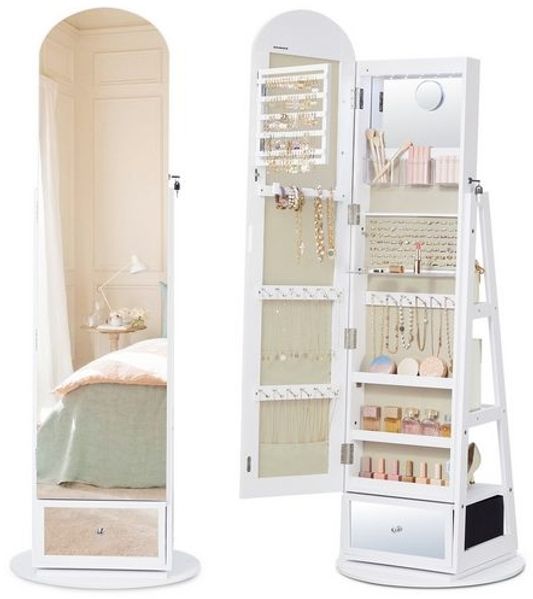 SONGMICS Spiegelschrank mit LED-Beleuchtung, Schmuckschrank drehbar, Aufbewahrung für Schlafzimmer, Schublade, weiß