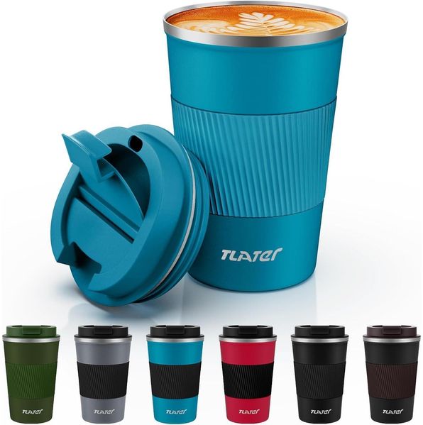 Tlater Kaffeebecher to go 380ml Vakuum Isolierbecher Travel Mug Edelstahl Blue