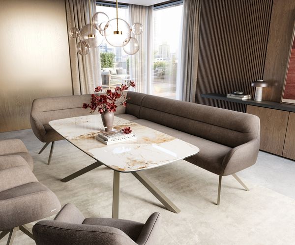 Esszimmerbank Taya-Flex 285x190 cm Strukturstoff Soft Taupe Kreuzgestell kantig Effektfinish Titan Taschenfederkern Rechts