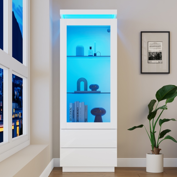 Merax 171cm Vitrine, Hochschrank mit 2 Schubladen, Hochglanz Hochschrank Glasvitrine mit LED, Standregal Schrank Vitrine, Weiß