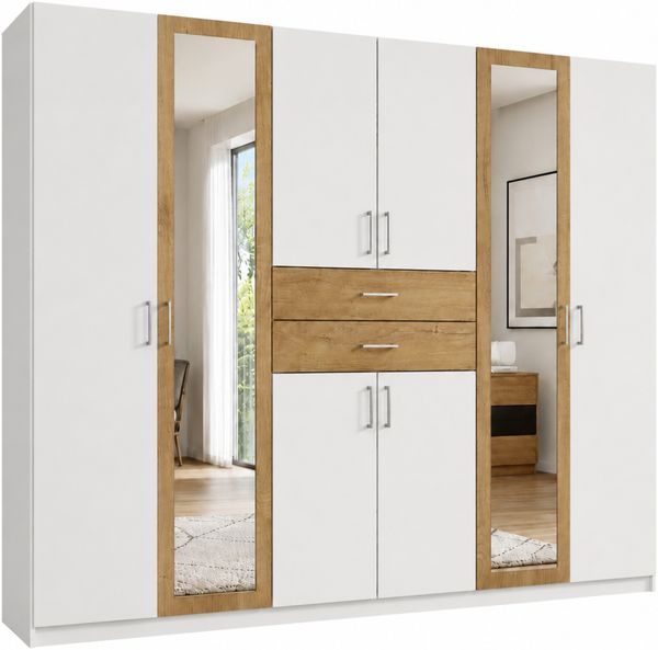 Drehtürenschrank Kleiderschrank 270cm Schubkästen Spiegel Weiß und Eiche Dekor