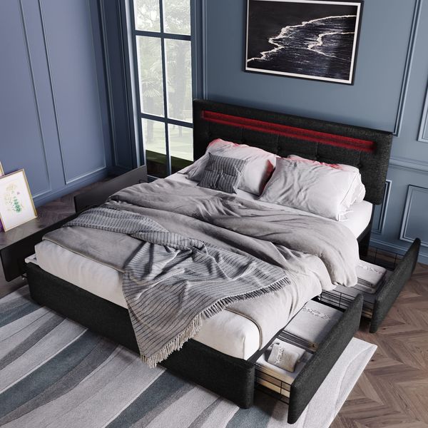 Ball & Cast Bett mit stauraum(140x200 cm), Polsterbett mit Beleuchtung und 2 Schubladen, verstellbares gepolstertes Kopfteil, Leinenstoff, ohne Matratze, Schwarz