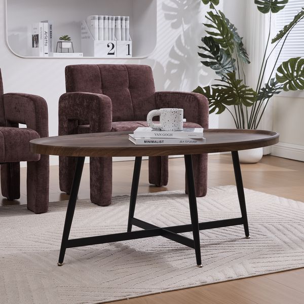 MODFU Couchtisch Minimalistischer ovaler Holz-Sofatisch (mit Metallrahmen, Moderner Beistell- & Teetisch), Kaffeetisch Wohnzimmertisch