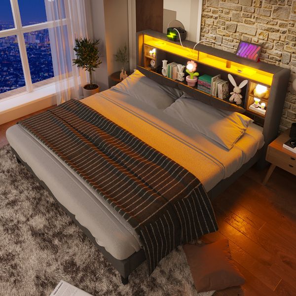 Polsterbett Doppelbett Stauraum-Kopfteil Bett mit aufladen USB und LED-Beleuchtung Bettgestell Lattenrost aus Holz,160*200CM Grau(Ohne Matratze)