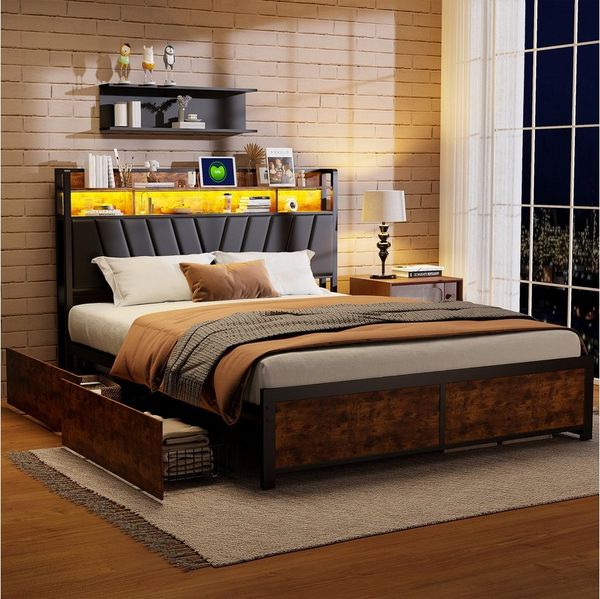 PXloue Polsterbett LED Doppelbett Metallbett (Inklusive USB--Ladeanschluss), Stauraumbett, mit 4 Schubladen und Stauraum am Kopfteil, 180x200cm