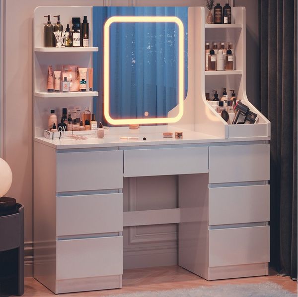 Furnicopia Schminktisch Einstellbare Helligkeit mit 7 Schubladen und 8 offenen Ablagefächern (Größe: 110 x 40 x 139 cm, Integrierte LED-Leiste mit einstellbaren drei Farbtemperaturen, Optional erhältlich mit Hocker mit Stauraum-ostern geschenke)