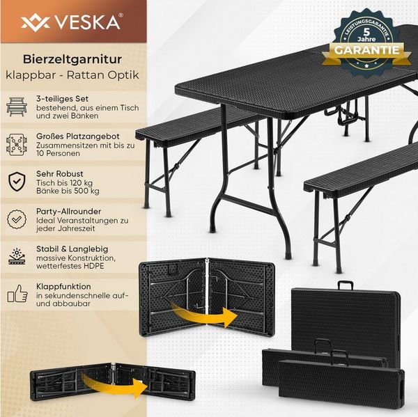 VESKA Bierzeltgarnitur 3-teilig Set Tisch + 2x Bank, wetterfest für drinnen und draußen, (klappbar mit Tragegriffen, Kunststoff, Gartengarnitur, Klapptisch), Gartentisch Länge 180 cm Rattan-Optik Schwarz