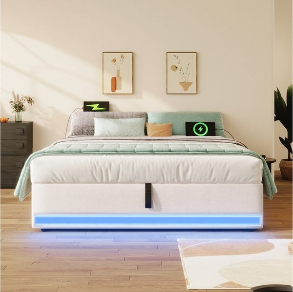 TavilaEcon Boxspringbett Polsterbett mit LED-Leiste, USB und Typ-C, Kein Kopfteil-Design, Hydraulische Speicherfunktion, Keine Matratze