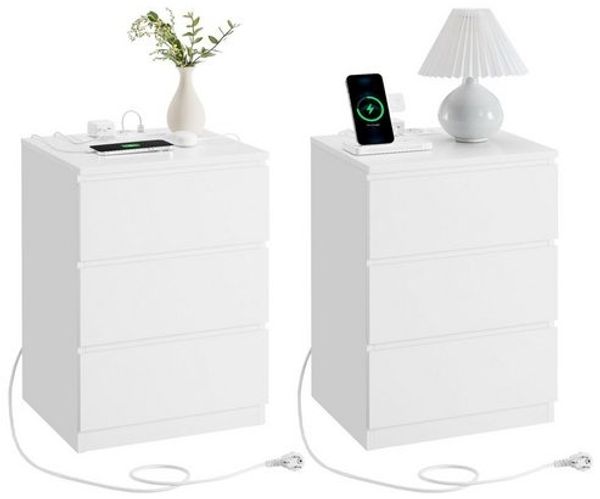 'Vasagle' Nachttisch mit 3 Schubladen (2er Set), 2 AC-Steckdosen / 2 USB-Anschlüsse, Holz wolkenweiß, 59 x 35 x 40 cm